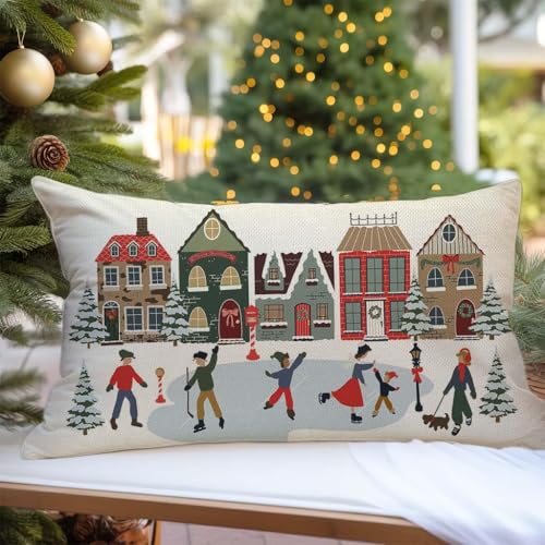 Holiday Throw Pillow Cover 12x20 - Village House Ice Skating