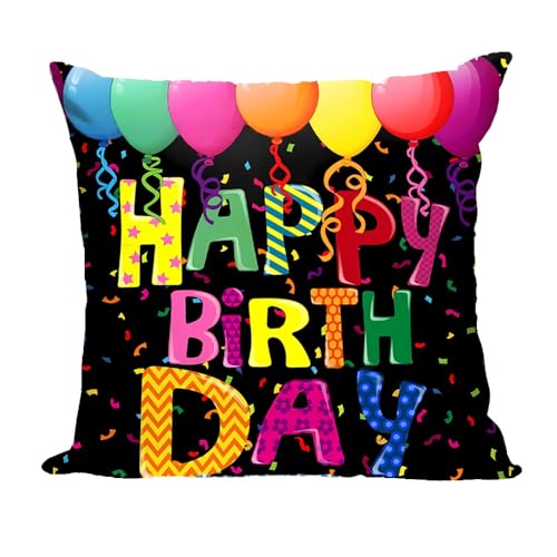 Happy Birthday Throw Pillow Cover 18x18 Inch - Black Balloon Design, Gift for Kids & Teens - Sisadodo