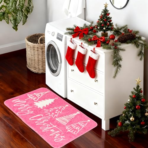 Pink Christmas Bathroom Rug 31.5x19.7 Inch Non-Slip Bath Mat with Xmas Tree Pattern