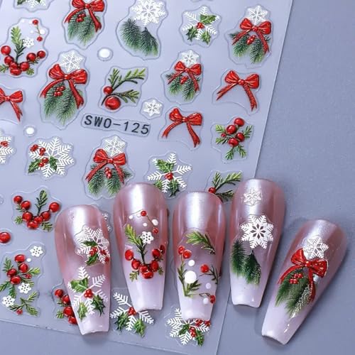 Christmas 3D Nail Art Stickers Decals - Winter Snowflake & Holly (3 Sheets)