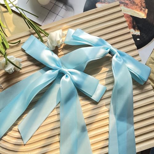 LYDZTION Satin Hair Bow Clip Set with Tassel Ribbons - Blue