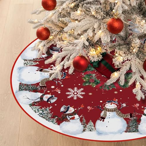 Snowman Christmas Tree Skirt 36 Inch - Red Holiday Decor
