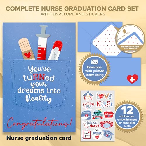 Red Foiled Nurse Graduation Card 5x8in with Envelope & Stickers
