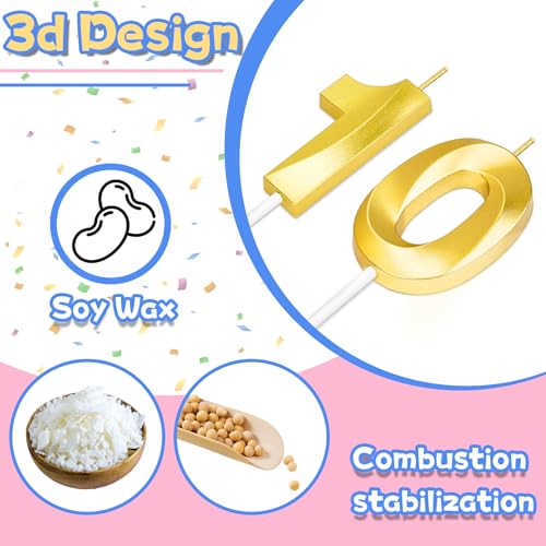 Gold Number 10 Birthday Candles - 10th Cake Topper Set