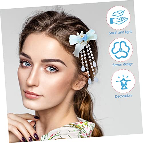 Chinese Style Flower Hair Barrette with Pearl and Tassel Drop, 2 Pcs