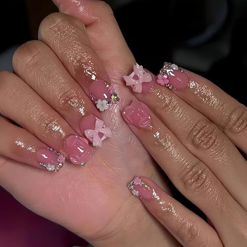 Pink Press on Nails Short Square with 3D Bow Charms and Floral Design 24Pcs