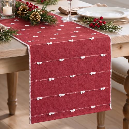 Rustic Cotton Woven Table Runner 12x72 Inch for Farmhouse Christmas Decor - Red Variation