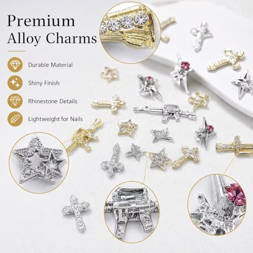 GAWRJ 48PCS Y2K Metal Star & Cross Rhinestone Nail Art Charms