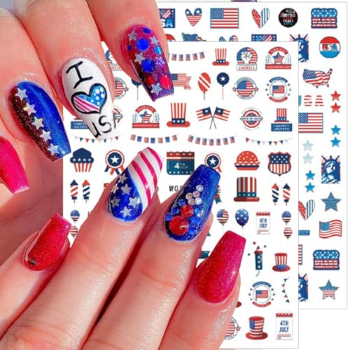 BUNLVDI 6 Sheets 4th of July Independence Day Nail Art Stickers Decals