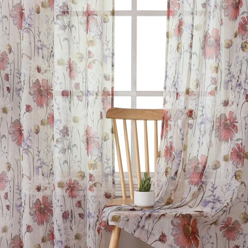 OVZME Crushed Floral Sheer Curtains - 2 Panels, 63 Inch Length