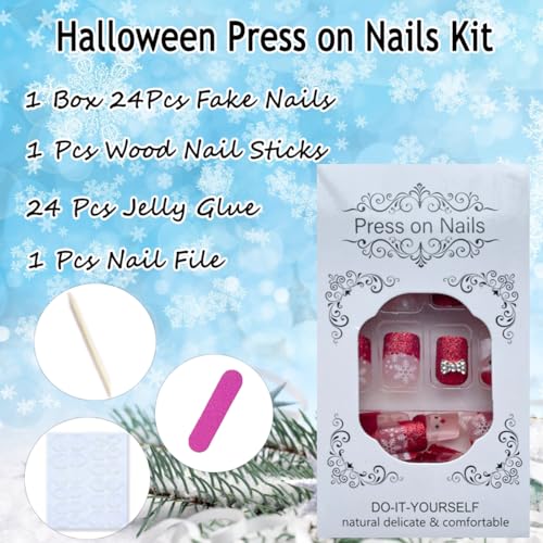 Christmas Press on Nails Short Red French Tip False Nails with Charms