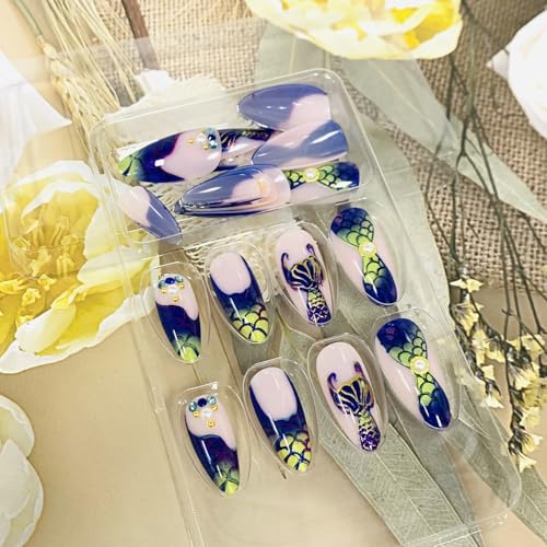 FIEONCIY Glossy Almond Press on Nails French False Fingernails with Charms