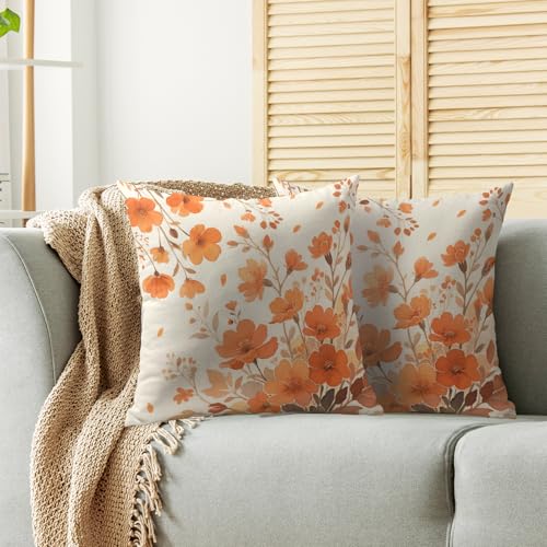 Burnt Orange Fall Floral Pillow Covers 18x18, Set of 2 Cotton Linen Cases