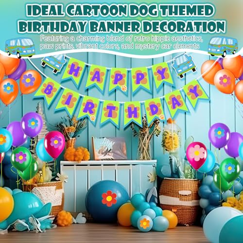 Cartoon Dog Birthday Party Banner, Retro Hippie Car Bunting Decoration