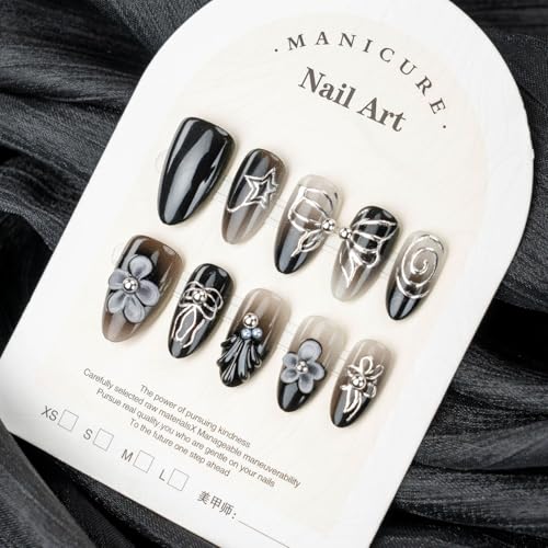 Black French Tip Press On Nails Medium Almond 3D Butterfly False Nails