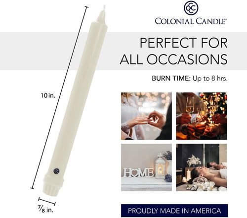 Colonial Candle Unscented Taper Candles - Classic Ivory, 10 in, Pack of 6 | Up to 8 Hours Burn