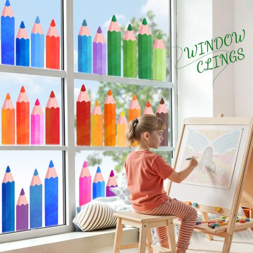 Nelisylux 9 Sheets Pencil Window Clings Double-Sided Back to School Decorations for Glass Windows and Classrooms