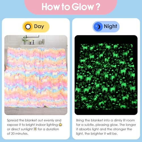 Glow in The Dark Unicorn Blanket for Kids - Soft Flannel, 50"x60"