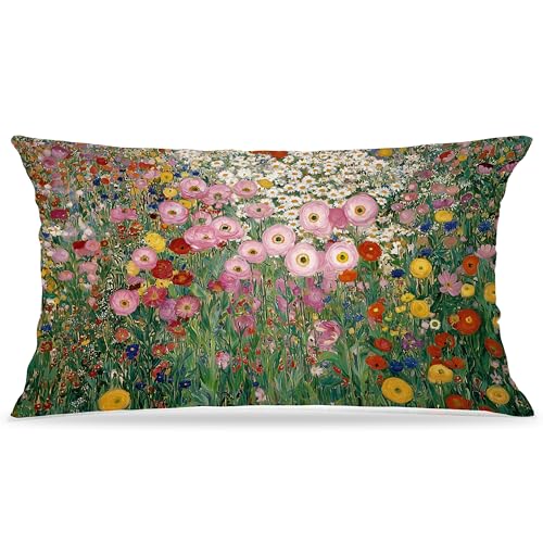 Gustav Klimt Style Wildflower 12x20 Lumbar Pillow Cover, Flannel Floral Case