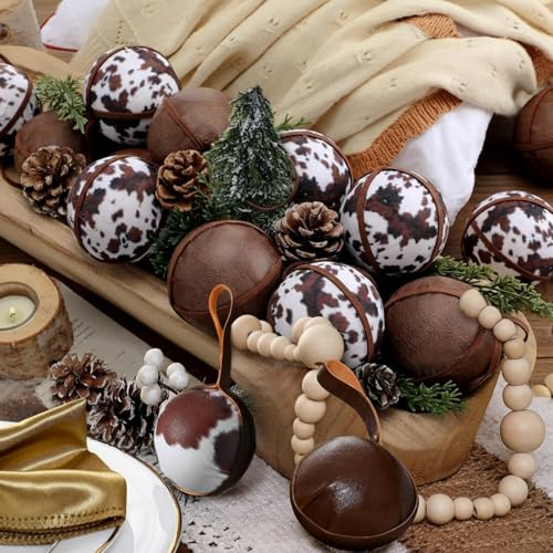 12 Pcs Cowhide Christmas Ornaments - Rustic Western Holiday Decor, 2.36 Inch