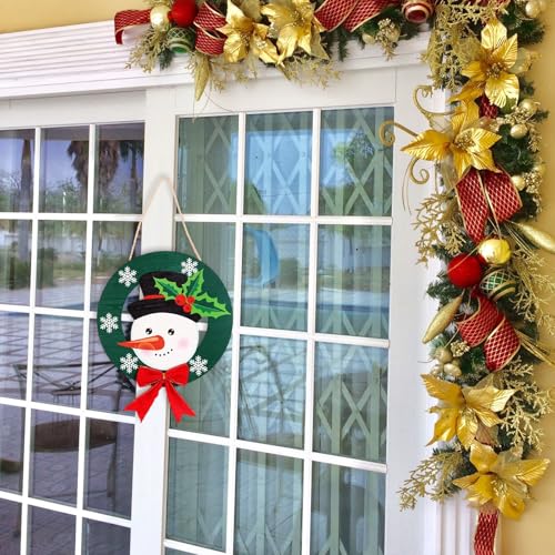 Christmas Door Hang - 2 Wooden Holiday Welcome Sign with Snowman Decor