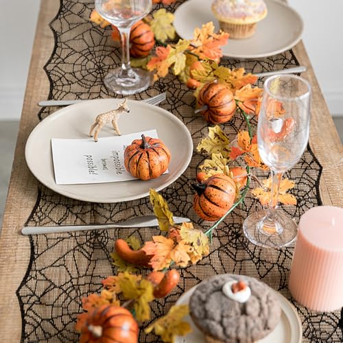 UnslQonds 18x72 Inch Black Lace Spider Web Halloween Table Runner Decor