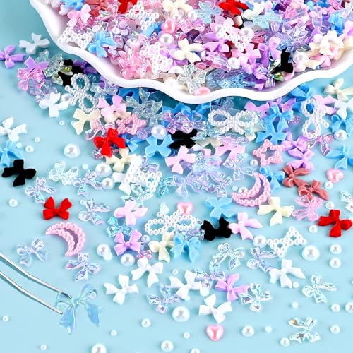 NACHLYNN 630 Pcs 3D Bow Nail Charms and Pearl Beads Kit with Tools