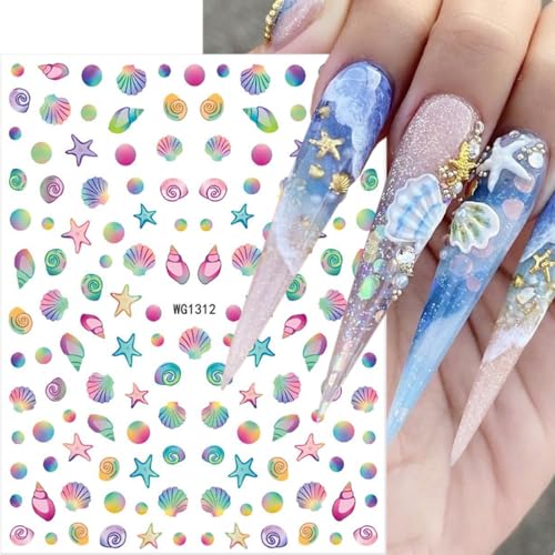 GUAACCB 6 Sheets Summer Nail Stickers 3D Self-Adhesive Beach Shell Decals