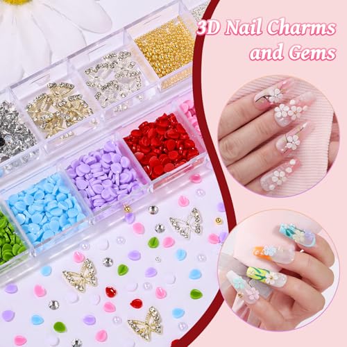 3D Flower Nail Charms Set with Tweezers, Acrylic Blossom Petals & Pearls