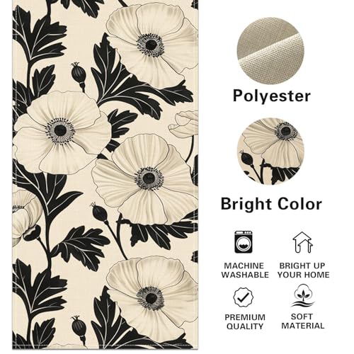 Vintage Black White Poppy Flower Table Runner - 13x72 Inches