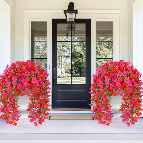 Dolicer 2 Pcs Realistic Artificial Flowers for Outdoor Decor - UV Resistant Silk Hanging Plants (Red & Fuchsia)
