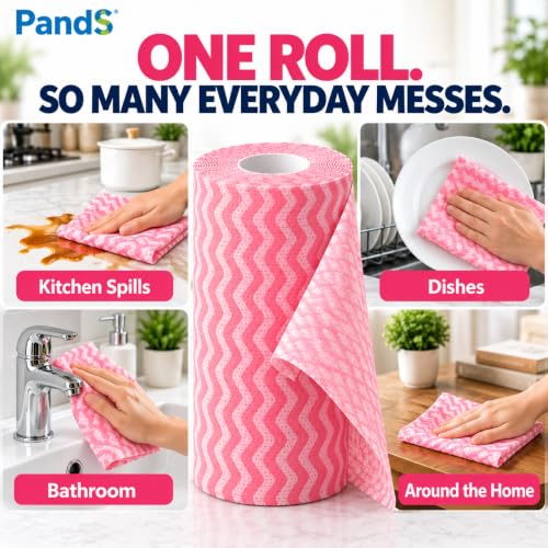 Pink Reusable Paper Towels Roll - Washable Kitchen Cleaning Wipes, 60 Sheets