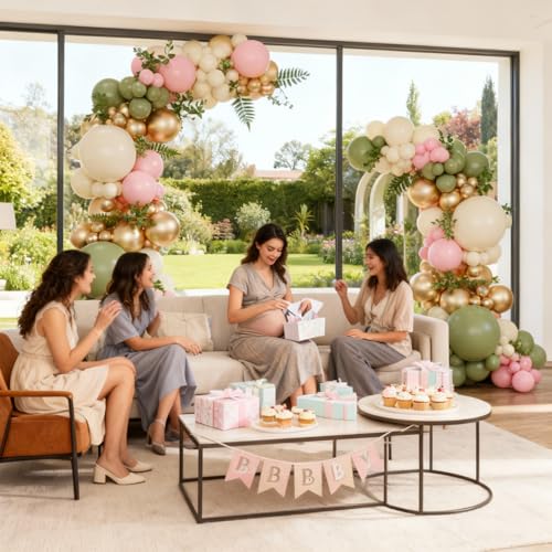 Sage Green & Pink Balloon Arch Kit - 128 Pcs for Baby Showers & Parties