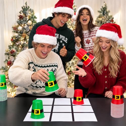 Christmas Cup Flip Tic Tac Toe Party Game Set with Santa Cups and Felt Mat