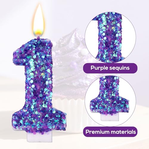 Purple Number Birthday Candle with Sequins - Romantic Cake Topper