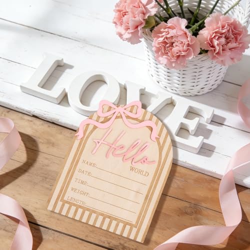 Hello World Newborn Announcement Sign with Pink Bow - Wooden Baby Keepsake