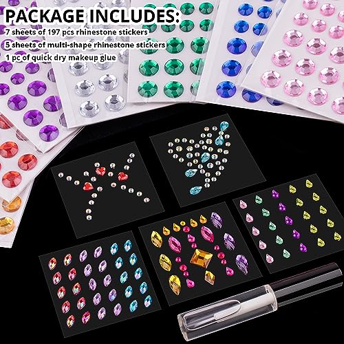 BELLEBOOST 12 Sheets Face Gem Stickers Set with Rhinestones and Makeup Glue