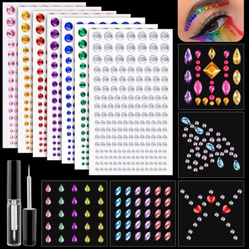 BELLEBOOST 12 Sheets Face Gem Stickers Set with Rhinestones and Makeup Glue