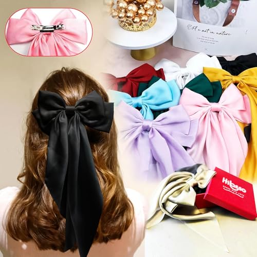 Hibasso Satin Black Hair Bow Clips Set - 2 Pcs Large Hair Bows for Women