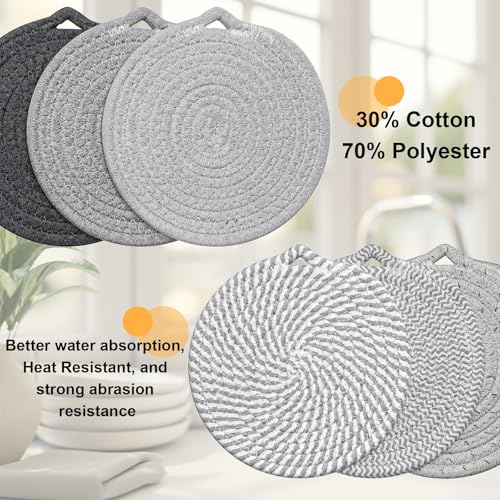 7-Inch Gray Trivets for Hot Dishes - 6 Pack Cotton Hot Pads