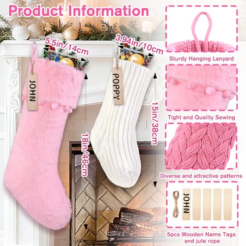 Christmas Stockings Set 5 Pcs Knitted & Plush Holiday Decorations - White & Pink, 18in & 15in, Farmhouse Rustic Style