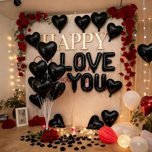 I Love You Heart Balloon Set with 500 Black Rose Petals