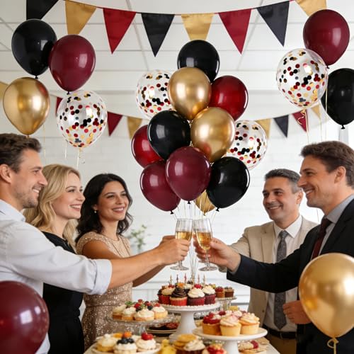 Black Burgundy and Gold Latex Balloons 60 Pack Party Decoration