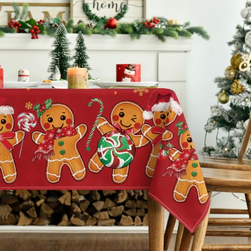 Christmas Tablecloth 60x140 Inch Rectangular Gingerbread & Stars Red Washable for Party & Dining