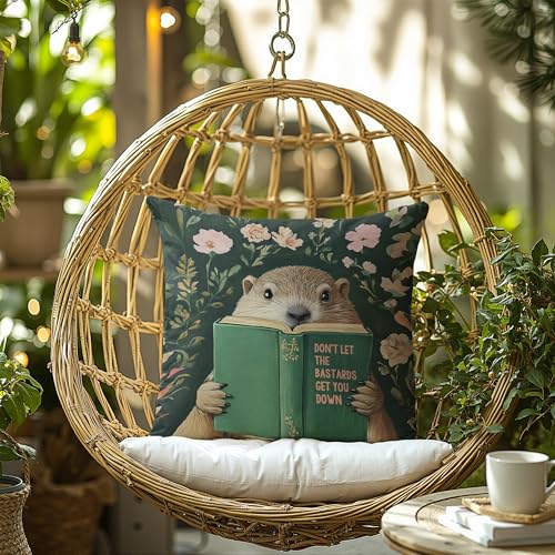 Groundhog Reading Motivational Throw Pillow Cover Set of 2 - 18x18 Flannel for Home & Office Decor