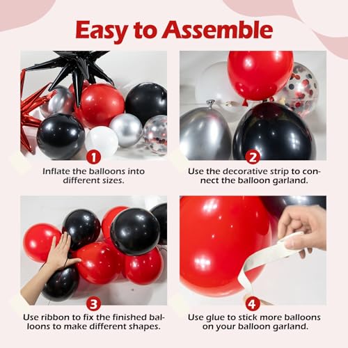 Red and Black Balloon Arch Kit with Silver & White Balloons for Parties
