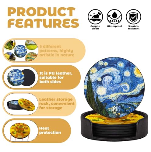 Van Gogh Style PU Leather Coaster Set of 6 with Holder - Handmade Art Drink Coasters for Home Decor & Gifts