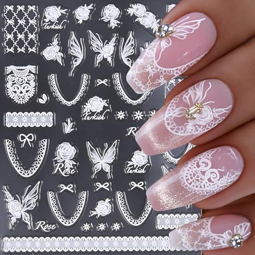 Winthrop 3D White Lace Nail Decals - Rose & Butterfly Bridal Stickers