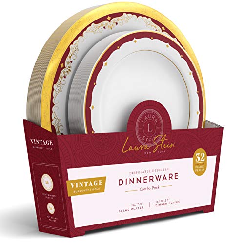 Laura Stein Vintage Burgundy Gold Rim Disposable Plastic Plates 64 Pack - Combo of 2 Sets