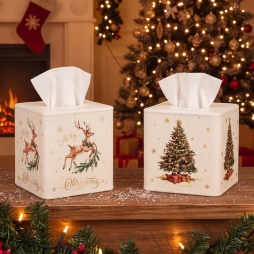 Christmas Tissue Box Cover - Cream Leather Reindeer & Tree Design - 2 Pack